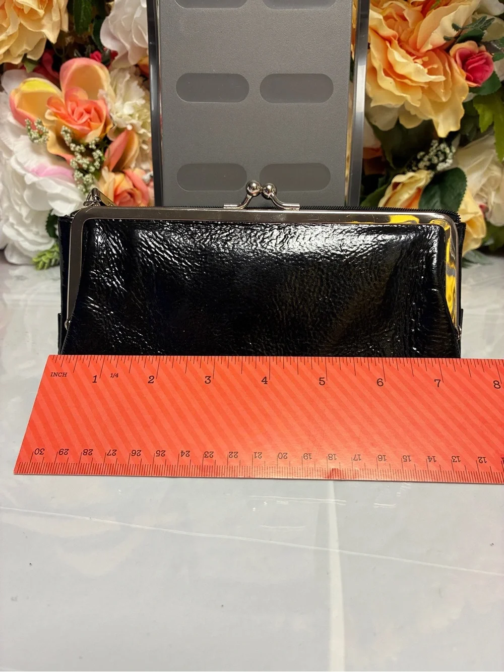 HOBO International Black Patent Finish Bow Kiss Lock Continental Wallet Clutch